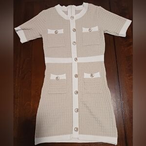 Cute Beige and White Dress with Gold Buttons